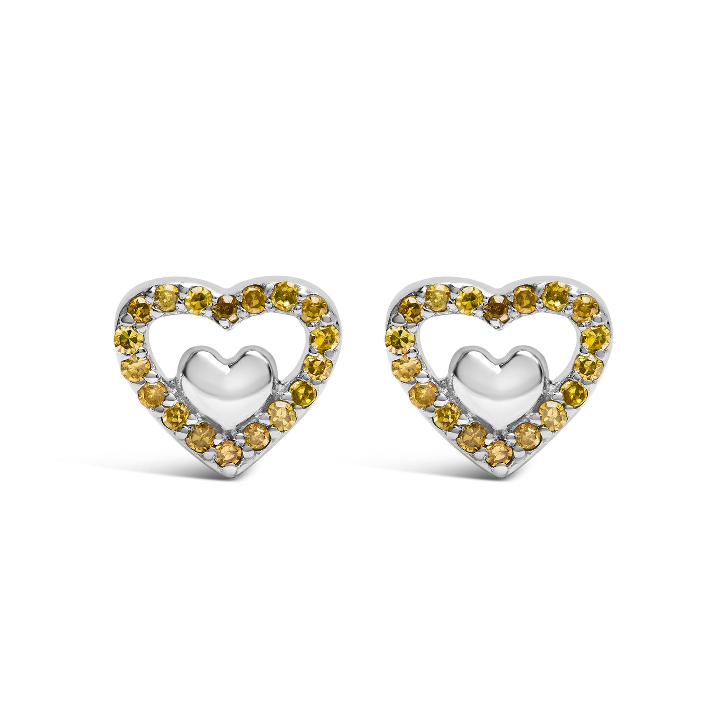 Pendientes de tuerca de doble corazón abierto de plata de ley 925 con diamante de 1/6 quilate (color I-J, claridad I3)