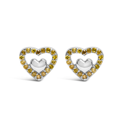 Pendientes de tuerca de doble corazón abierto de plata de ley 925 con diamante de 1/6 quilate (color I-J, claridad I3)