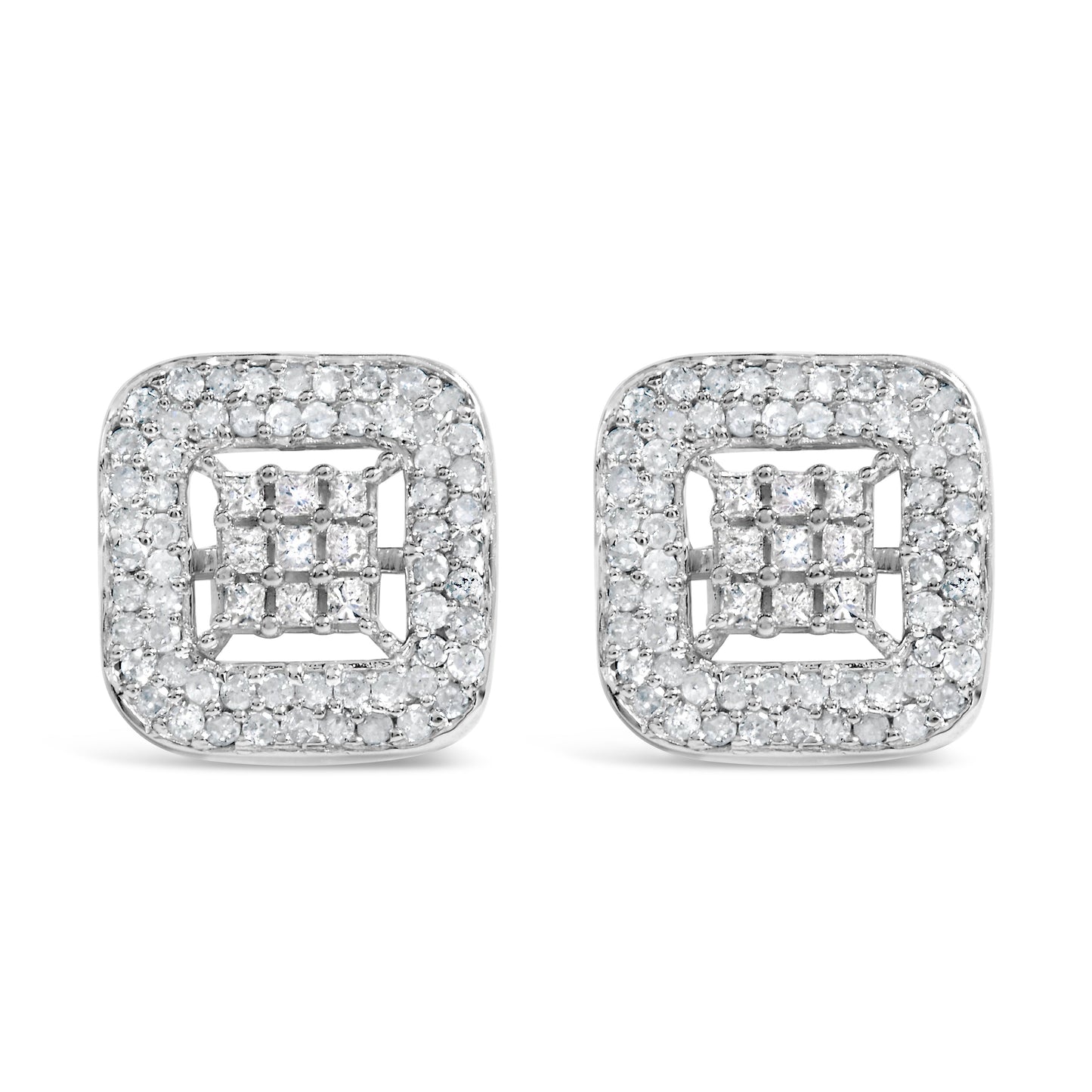 Pendientes de oro blanco de 10K con diamantes de 1,00 Cttw en composite y halo (color I-J, claridad I1-I2)