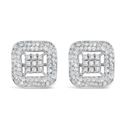Pendientes de oro blanco de 10K con diamantes de 1,00 Cttw en composite y halo (color I-J, claridad I1-I2)