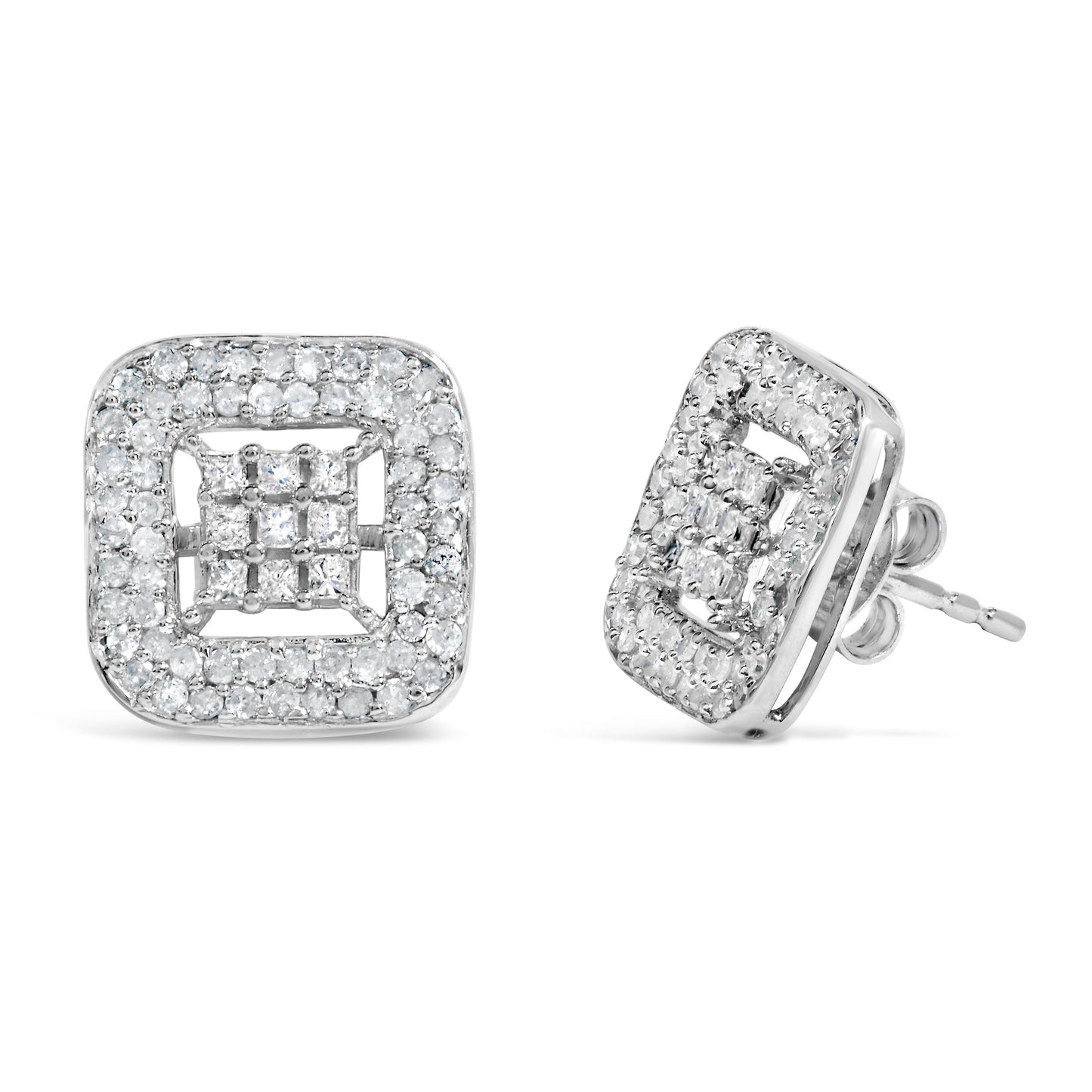 Pendientes de oro blanco de 10K con diamantes de 1,00 Cttw en composite y halo (color I-J, claridad I1-I2)