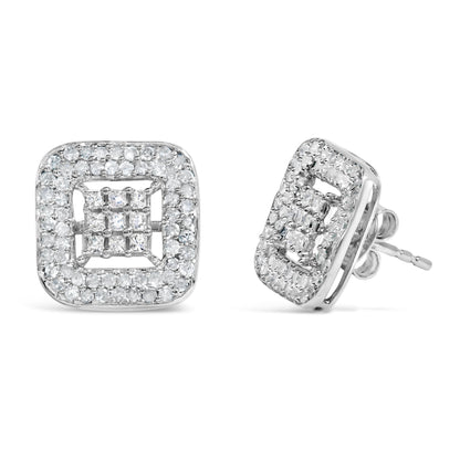 Pendientes de oro blanco de 10K con diamantes de 1,00 Cttw en composite y halo (color I-J, claridad I1-I2)