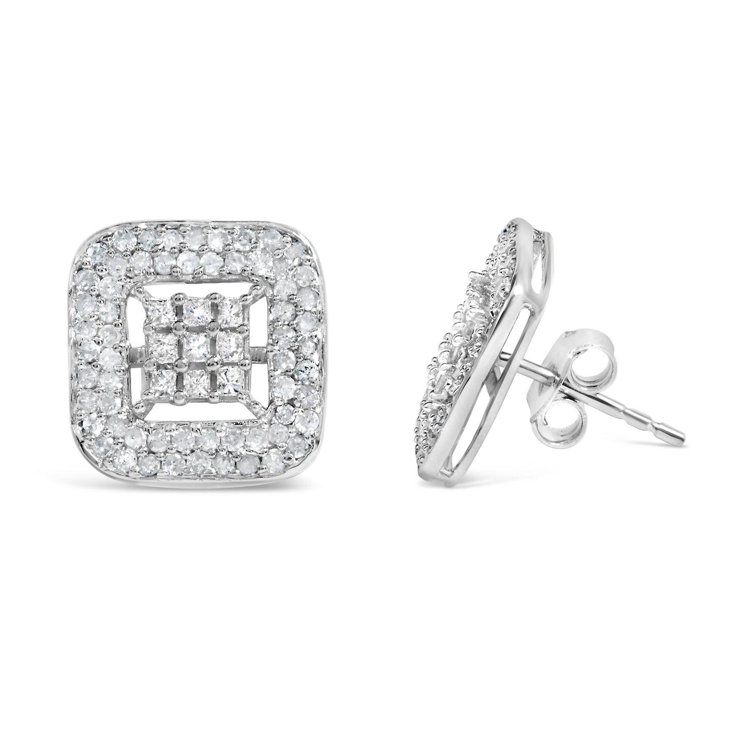 Pendientes de oro blanco de 10K con diamantes de 1,00 Cttw en composite y halo (color I-J, claridad I1-I2)