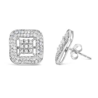 Pendientes de oro blanco de 10K con diamantes de 1,00 Cttw en composite y halo (color I-J, claridad I1-I2)
