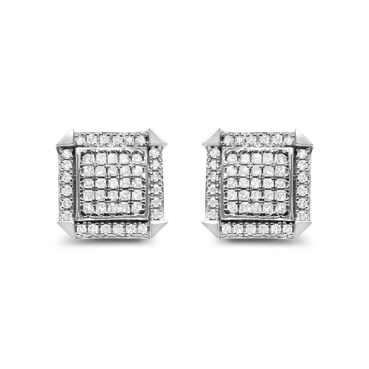 Pendientes de oro blanco de 10 qt con diamantes de 1,0 Cttw combinados con halo (color H-I, claridad I1-I2)