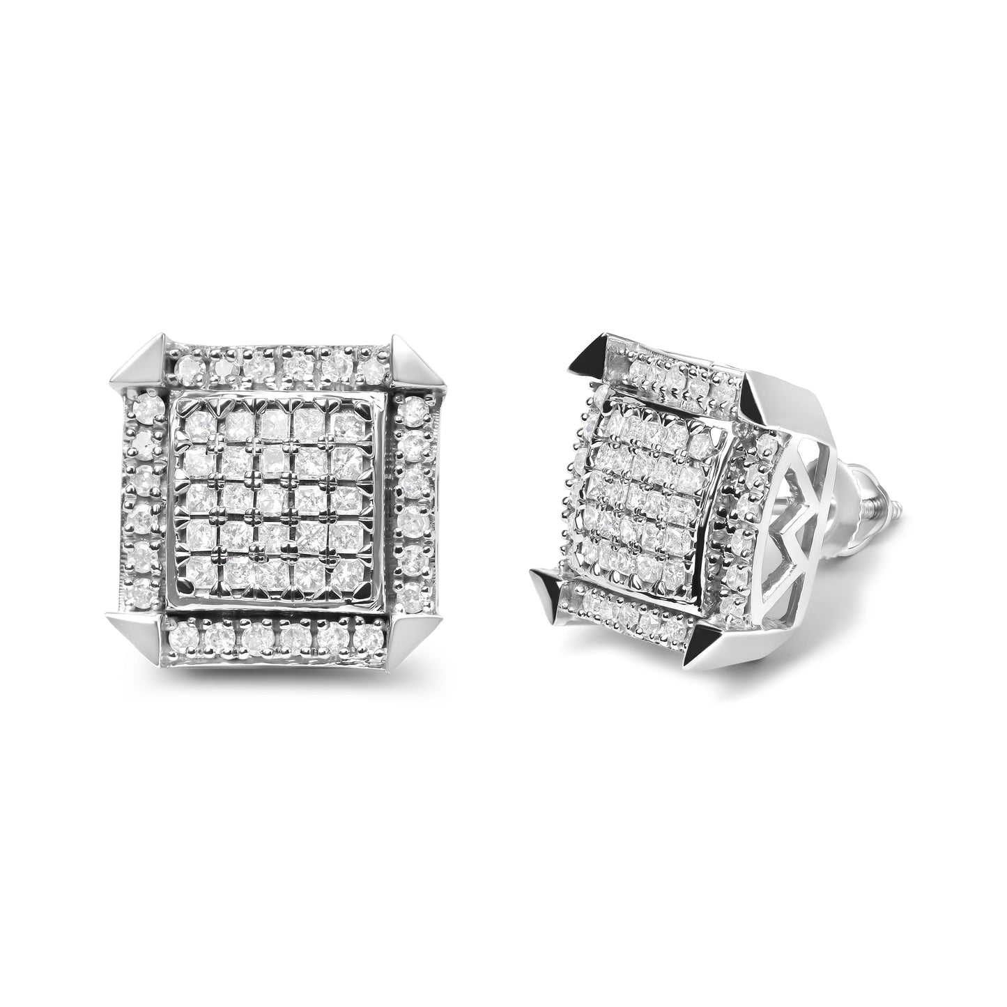 Pendientes de oro blanco de 10 qt con diamantes de 1,0 Cttw combinados con halo (color H-I, claridad I1-I2)