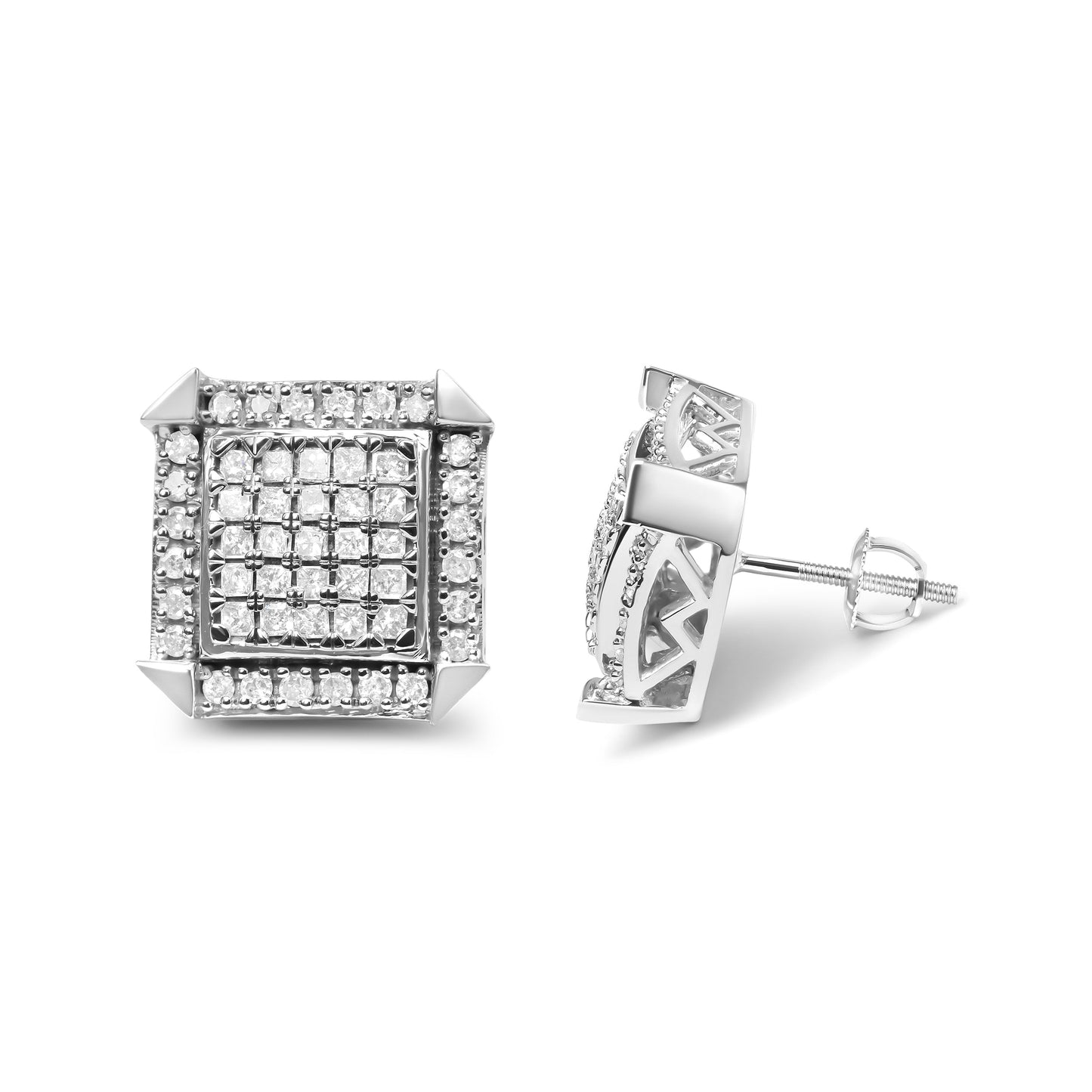 Pendientes de oro blanco de 10 qt con diamantes de 1,0 Cttw combinados con halo (color H-I, claridad I1-I2)