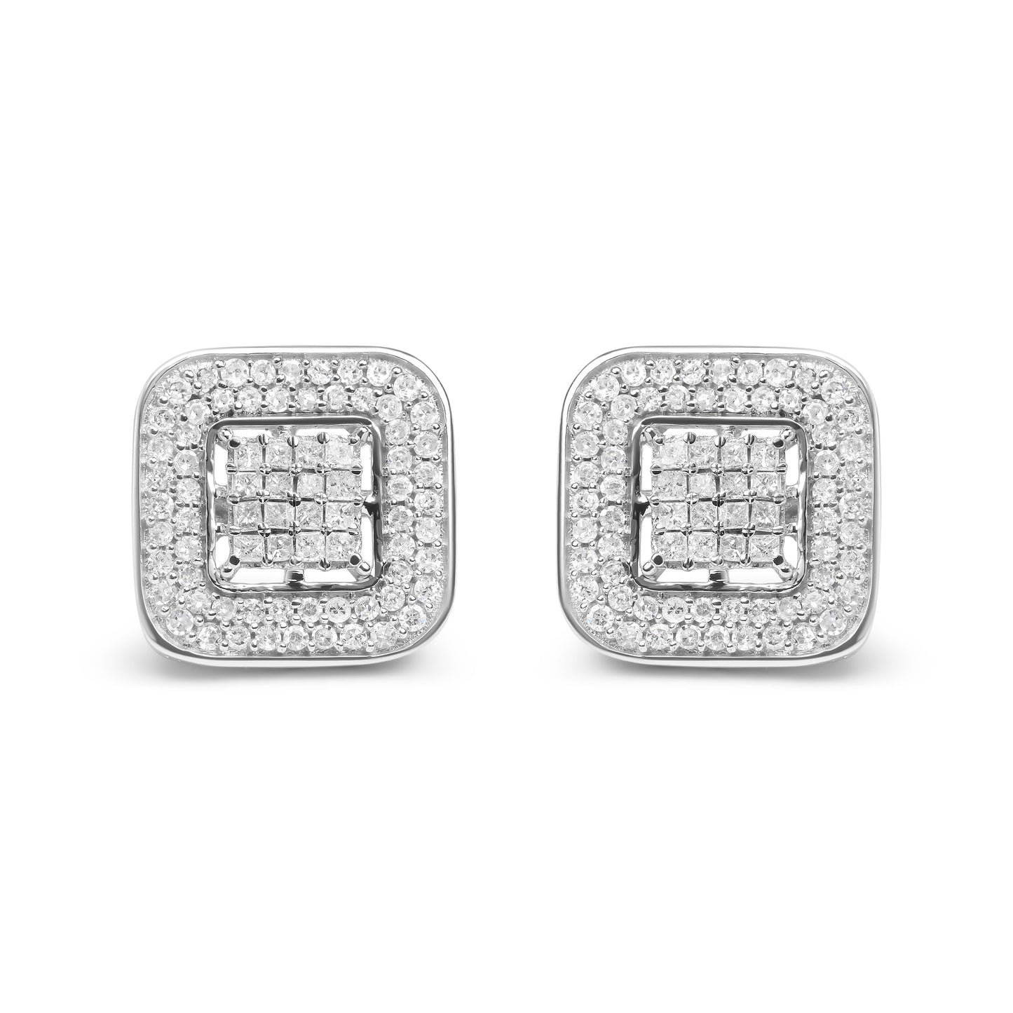 Pendientes de tuerca de halo abierto de oro blanco de 10 quilates con diamantes redondos y de talla princesa de 1,0 quilates (color H-I, claridad SI1-SI2)
