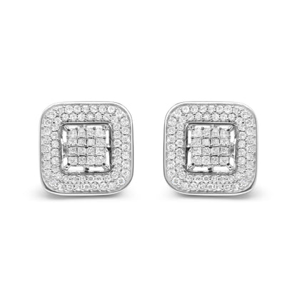 Pendientes de tuerca de halo abierto de oro blanco de 10 quilates con diamantes redondos y de talla princesa de 1,0 quilates (color H-I, claridad SI1-SI2)
