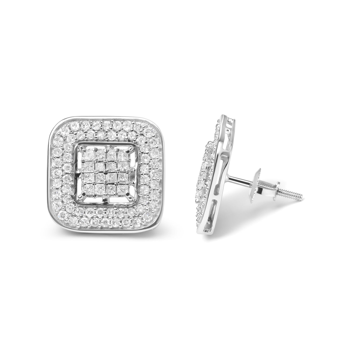 Pendientes de tuerca de halo abierto de oro blanco de 10 quilates con diamantes redondos y de talla princesa de 1,0 quilates (color H-I, claridad SI1-SI2)