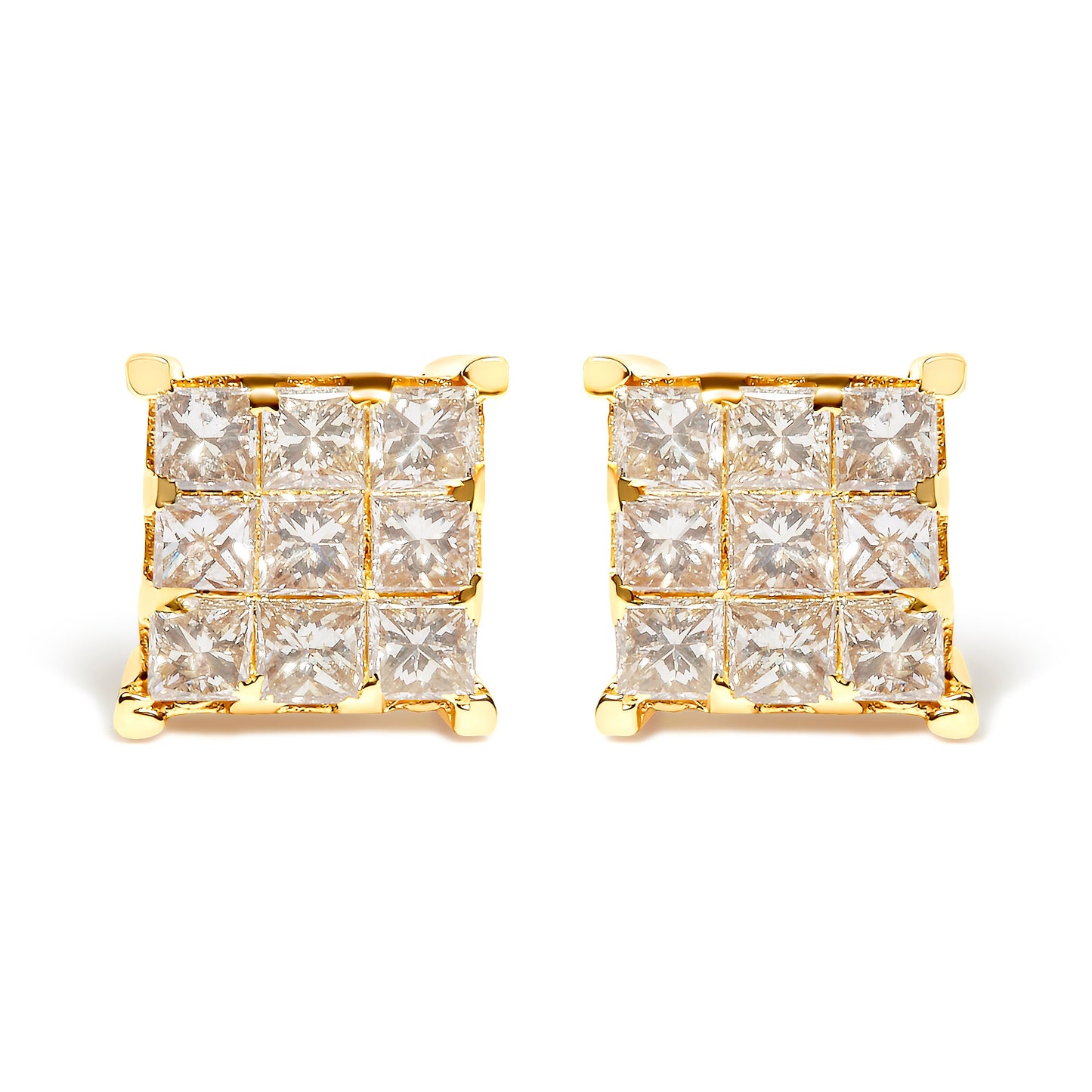Pendientes de botón cuadrados de 9 piedras de oro amarillo de 14 quilates con diamantes talla princesa de 1 1/2 quilates en engaste invisible (color J-K, claridad SI2-I1)