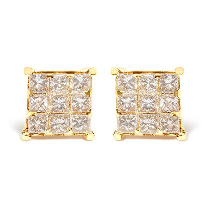 Pendientes de botón cuadrados de 9 piedras de oro amarillo de 14 quilates con diamantes talla princesa de 1 1/2 quilates en engaste invisible (color J-K, claridad SI2-I1)