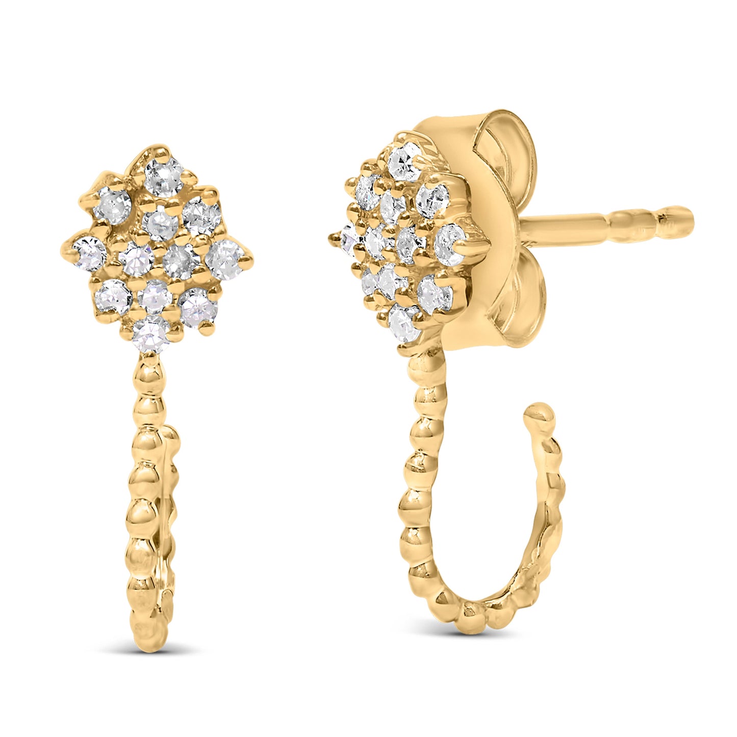 Pendientes de aro con racimo floral y abalorios de diamantes de 1/10 Cttw (color H-I, claridad I1-I2) de plata de ley .925 chapada en oro amarillo de 14K