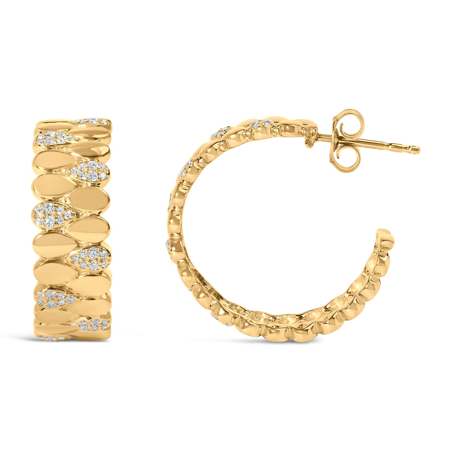 Pendientes de aro tipo J de eslabones de pera de pavé de diamantes de 3/8 Cttw en plata de ley .925 chapada en oro amarillo de 14K (color H-I, claridad I1-I2)