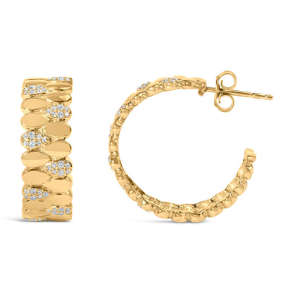 Pendientes de aro tipo J de eslabones de pera de pavé de diamantes de 3/8 Cttw en plata de ley .925 chapada en oro amarillo de 14K (color H-I, claridad I1-I2)