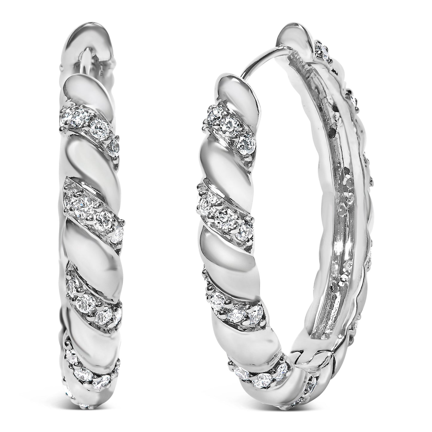 Aretes de aro de oro blanco de 14 K con diseño de remolino de diamantes creados en laboratorio de 1 1/5 Cttw, 1 pulgada (color F-G, claridad VS1-VS2)