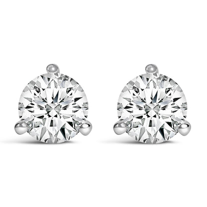 Pendientes de tuerca de oro blanco de 14 quilates y 2,0 quilates (peso total) con diamantes solitarios redondos de talla brillante cultivados en laboratorio, engaste de 3 puntas tipo martini y cierre de rosca (color F-G, claridad VS1-VS2)