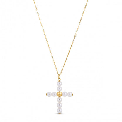 Colgante de cruz con perla de oro amarillo de 14k