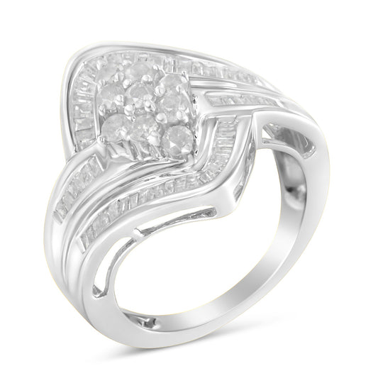 Anillo de racimo cruzado de oro blanco de 10 qt con diamantes (1 Cttw, color I-J, claridad I2-I3) - Talla 7