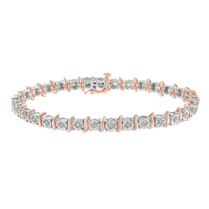 Pulsera de tenis con eslabones curvados en S con efecto milagroso de diamantes de 1,0 quilates (color I-J, claridad I3) en oro amarillo de 10 quilates y plata de ley .925 de dos tonos - 7"