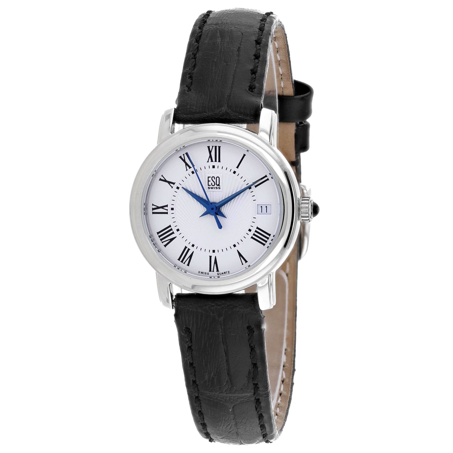 ESQ Reloj de cuarzo de acero inoxidable plateado con correa de piel negra para mujer
