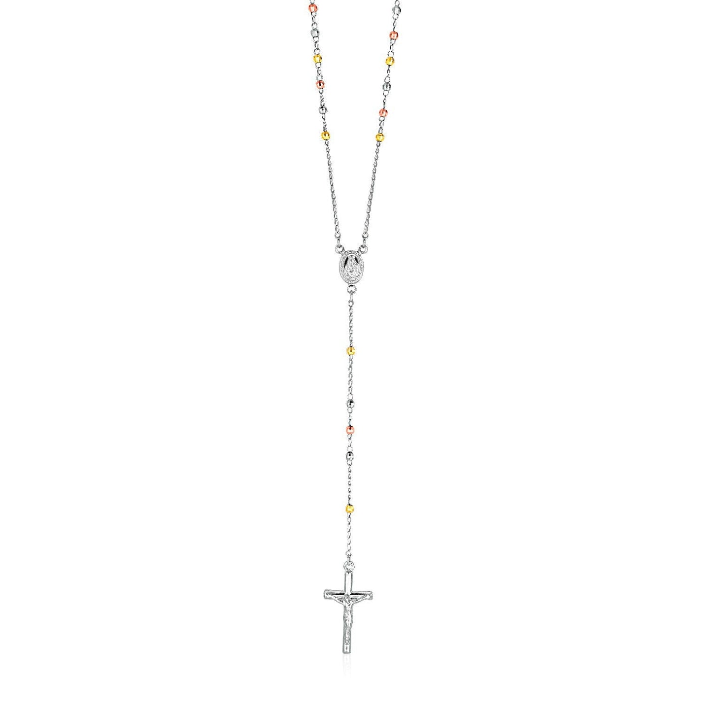 Collar de rosario y cadena de cuentas de plata de ley en tres tonos