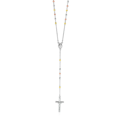 Collar de rosario y cadena de cuentas de plata de ley en tres tonos