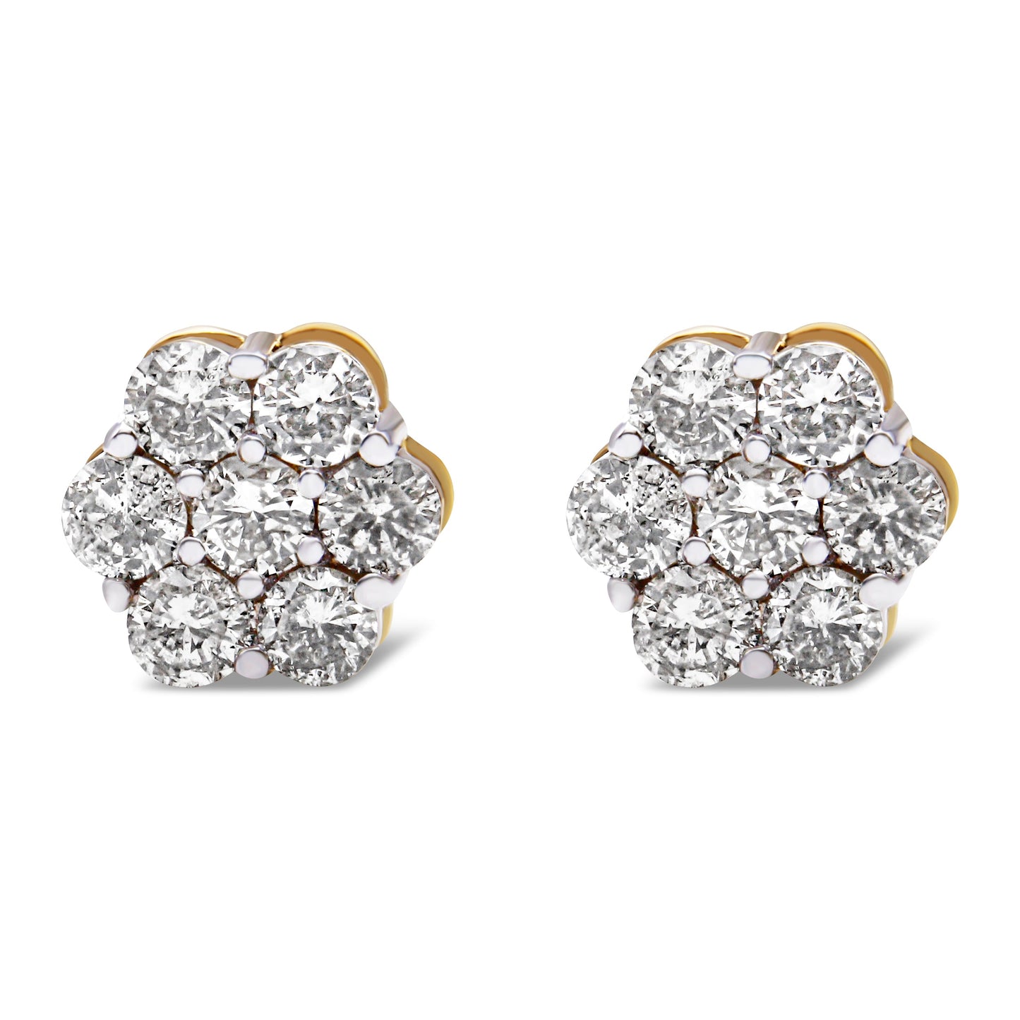 Pendientes de botón con forma de racimo floral de oro amarillo de 14K con diamantes de 2,0 Cttw y cierre de rosca (color H-I, claridad SI1-SI2)