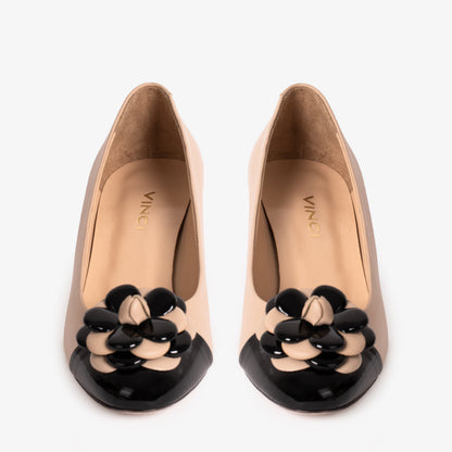 The Diva Beige Leather Cap Toe Block Heel Pump Women Shoe
