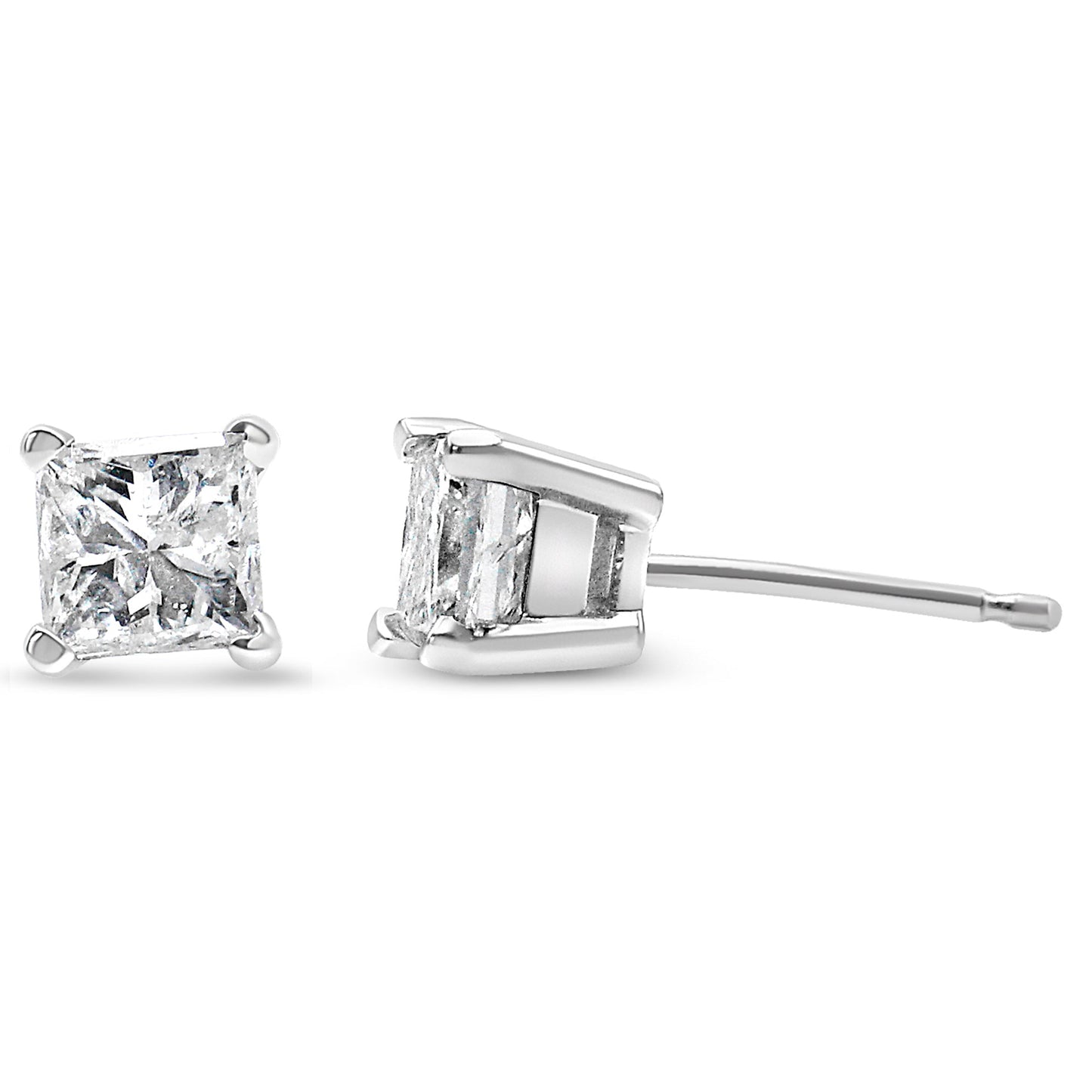 Aretes de oro blanco de 14K con diamante de talla princesa de 2/5 Cttw, montura de 4 puntas y solitario, certificados por AGS (color L-M, claridad I1-I2)
