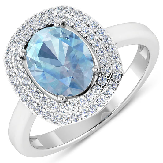 Anillo de oro blanco de 14 quilates con aguamarina genuina de 1,72 quilates y diamantes blancos