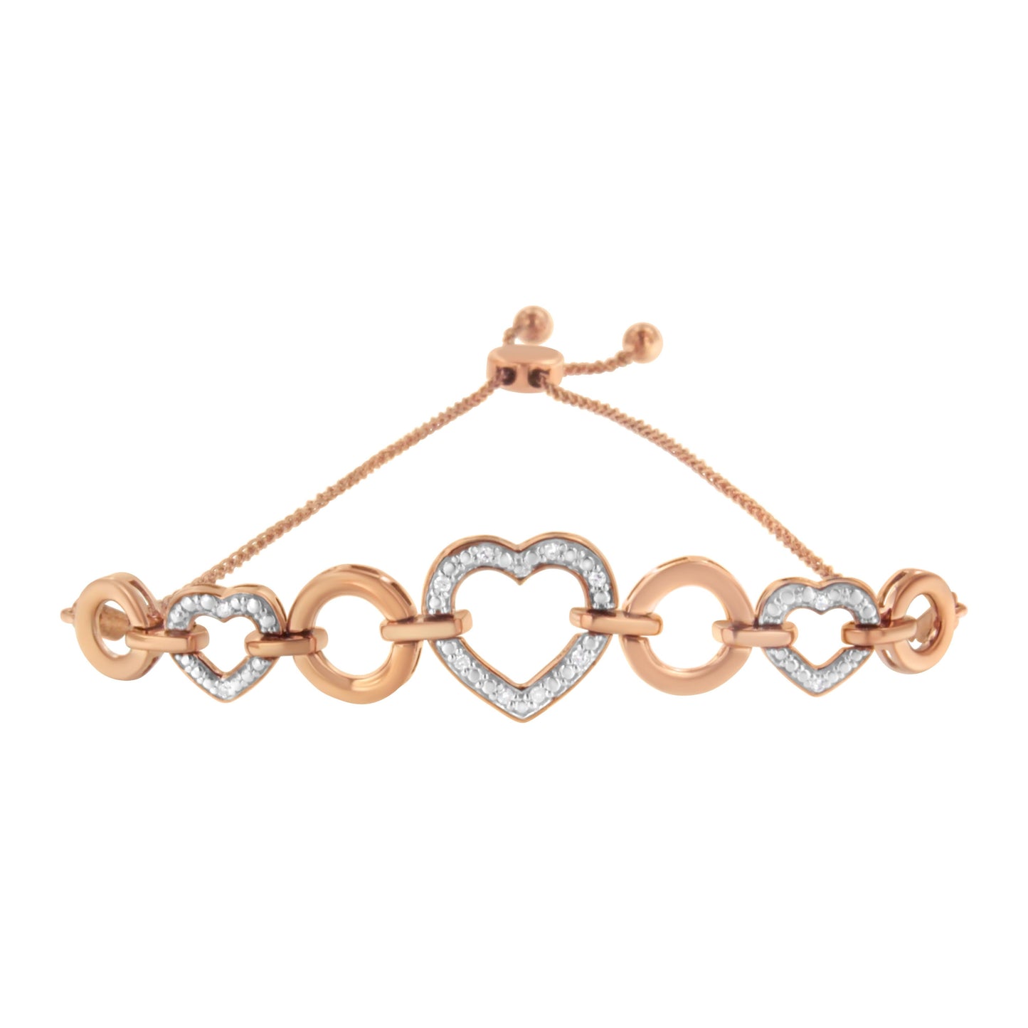 Pulsera ajustable tipo bolo con eslabones de corazón y diamantes redondos de 1/10 Cttw de oro rosa de 10K sobre plata de ley .925 (color H-I, claridad I2-I3) - 6"-9" ajustable