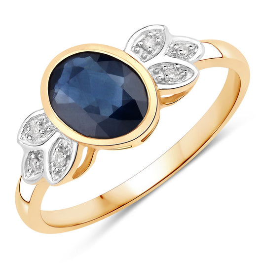Anillo de oro amarillo de 14K con zafiro azul genuino de 1.56 quilates y diamantes blancos