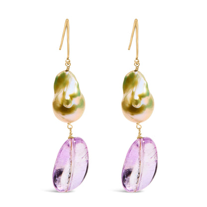 Pendientes colgantes de oro amarillo de 14 quilates con amatista y perlas barrocas de 5 cm de largo