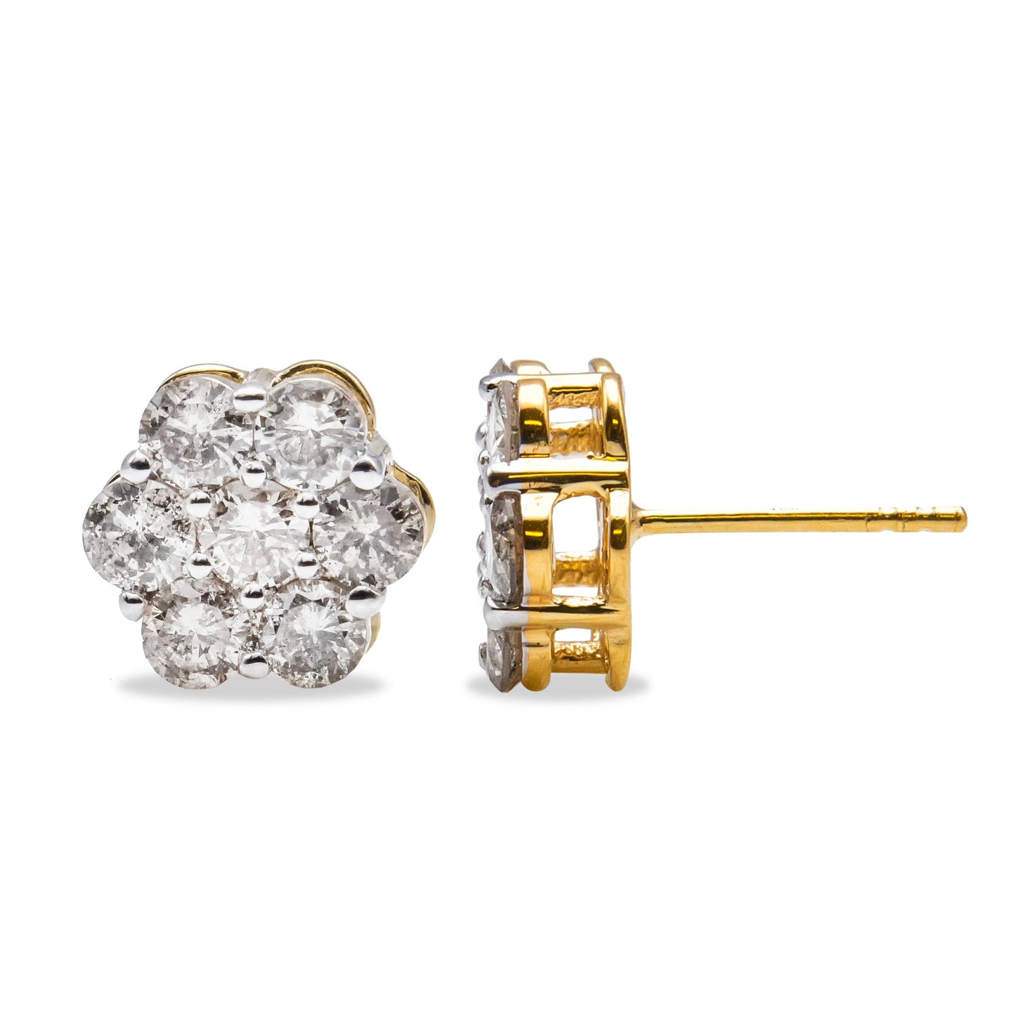 Pendientes de botón con forma de racimo floral de oro amarillo de 14K con diamantes de 2,0 Cttw y cierre de rosca (color H-I, claridad SI1-SI2)