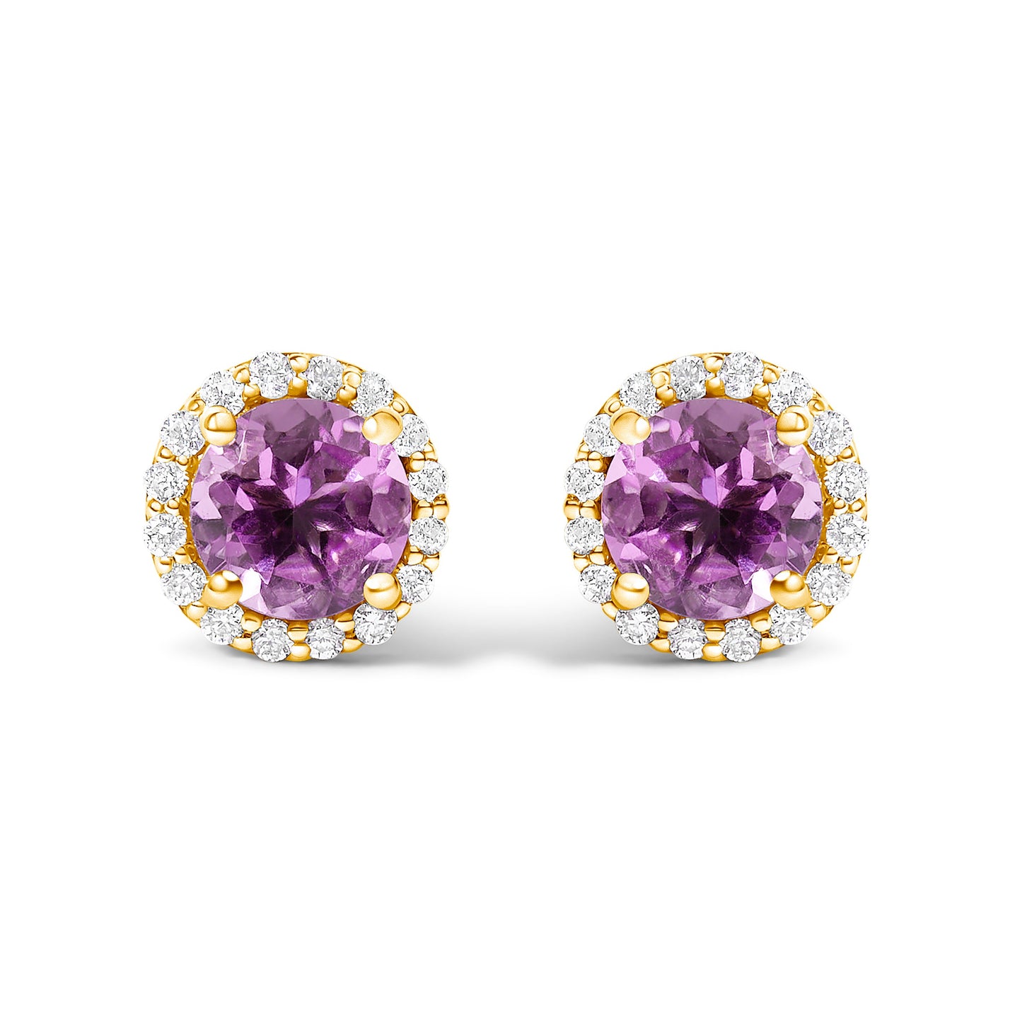 Pendientes de oro blanco de 10K con amatista morada y halo de diamantes de 1/6 Cttw