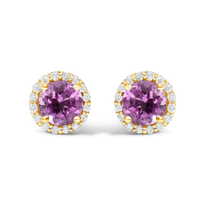 Pendientes de oro blanco de 10K con amatista morada y halo de diamantes de 1/6 Cttw