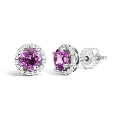 Pendientes de oro blanco de 10K con amatista morada y halo de diamantes de 1/6 Cttw