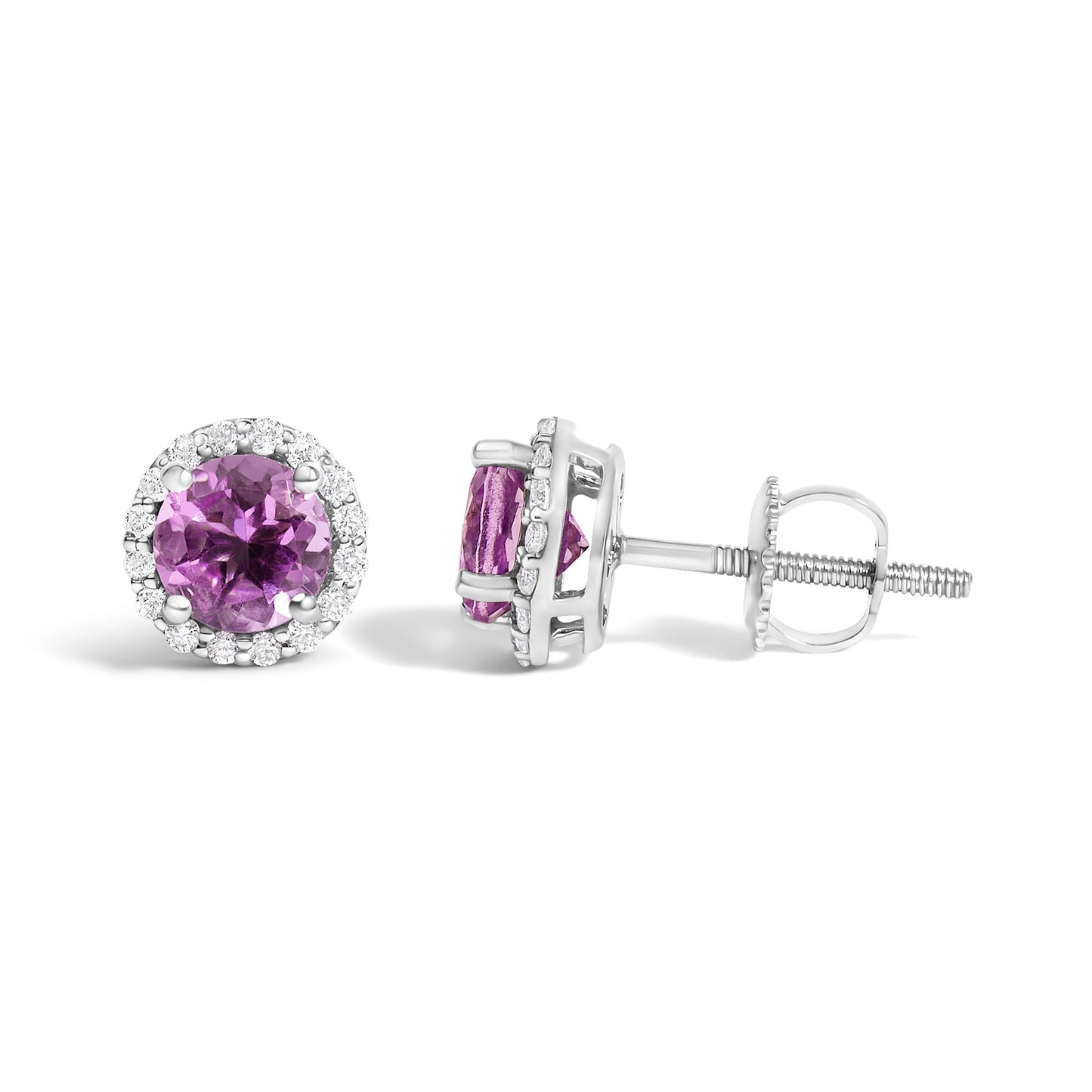 Pendientes de oro blanco de 10K con amatista morada y halo de diamantes de 1/6 Cttw