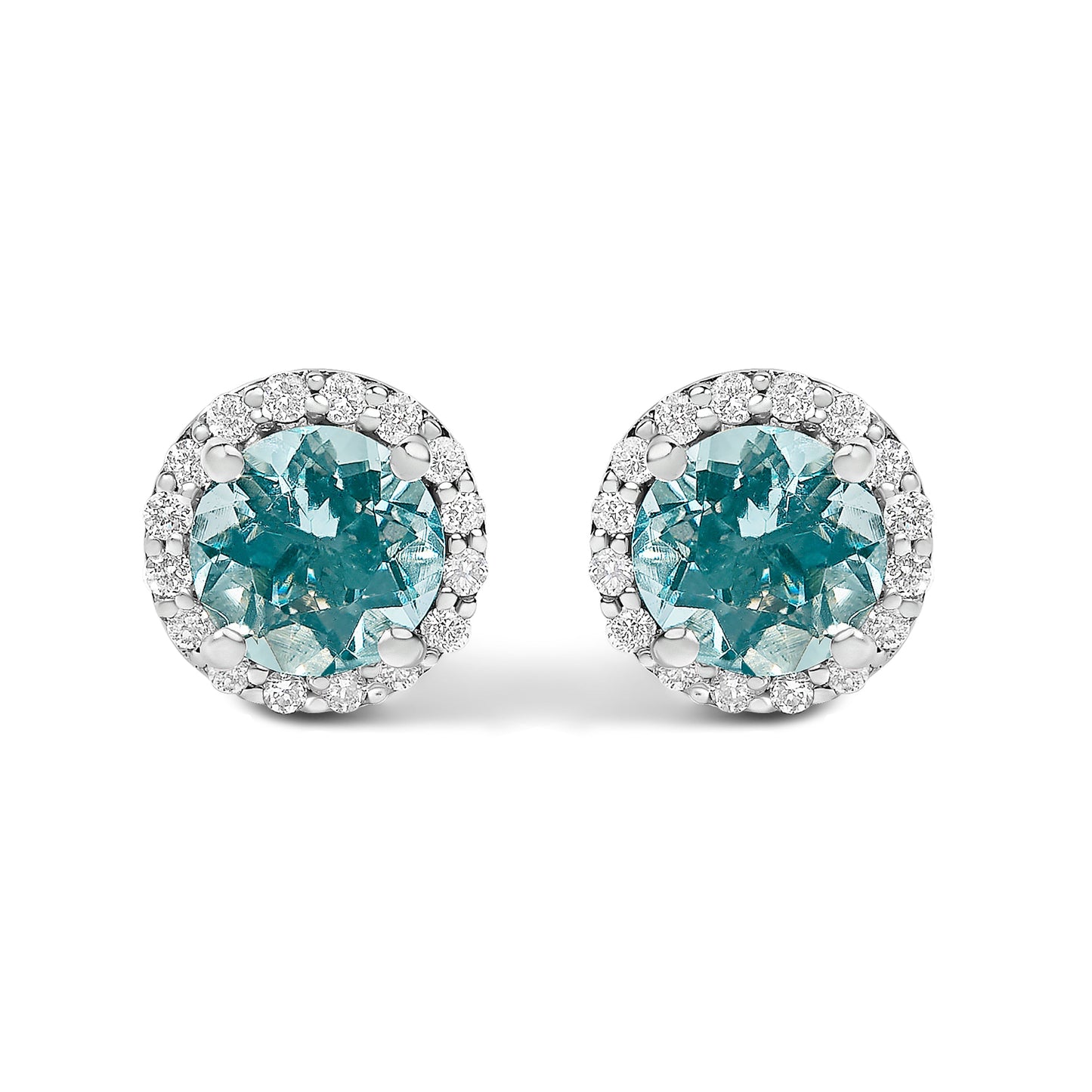 Pendientes de oro blanco de 10K con amatista morada y halo de diamantes de 1/6 Cttw
