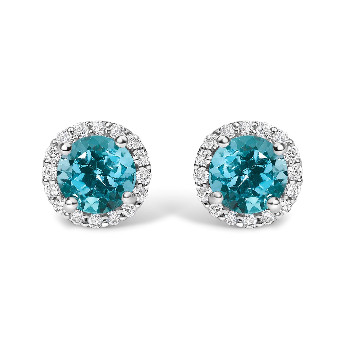 Pendientes de oro blanco de 10K con amatista morada y halo de diamantes de 1/6 Cttw