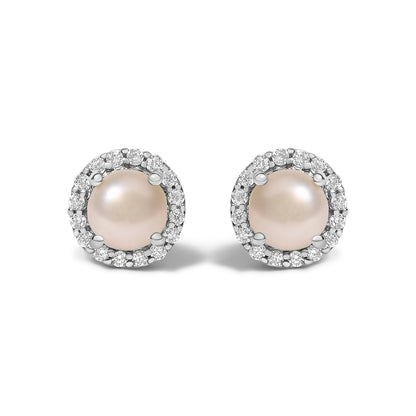 Pendientes de oro blanco de 10K con amatista morada y halo de diamantes de 1/6 Cttw