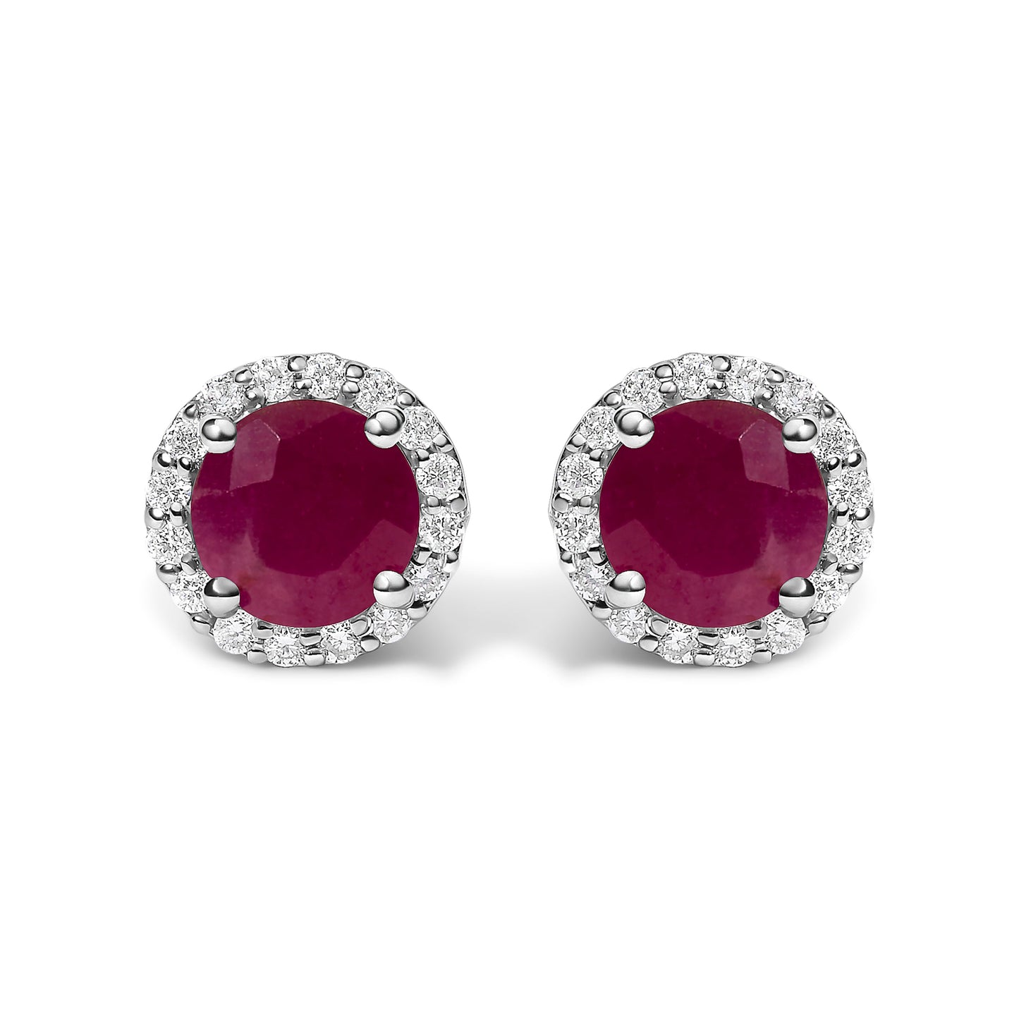 Pendientes de oro blanco de 10K con amatista morada y halo de diamantes de 1/6 Cttw