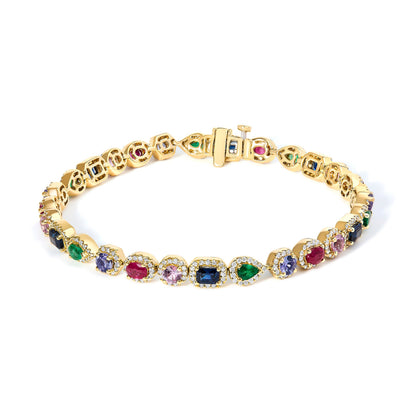 Pulsera de tenis arcoíris con diamantes y múltiples gemas de oro amarillo de 14 quilates