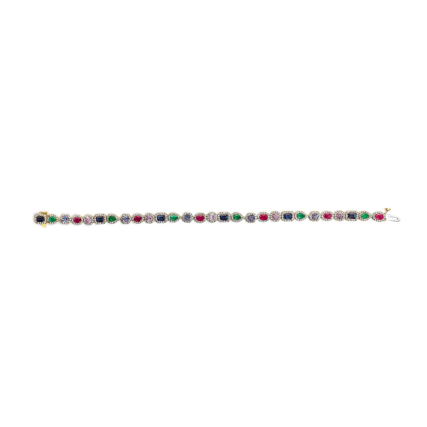 Pulsera de tenis arcoíris con diamantes y múltiples gemas de oro amarillo de 14 quilates