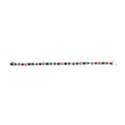 Pulsera de tenis arcoíris con diamantes y múltiples gemas de oro amarillo de 14 quilates