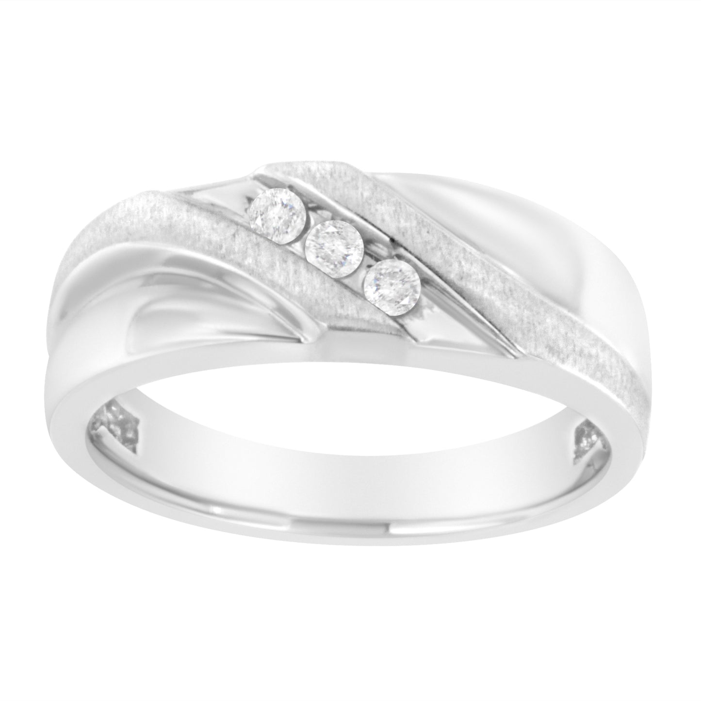 Anillo de boda para hombre de oro blanco de 10K con tres piedras de diamantes engastadas en canal de 1/10 quilates (color I-J, claridad I1-I2) - Talla 10
