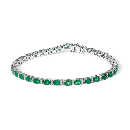 14K White Gold Alternating Oval Green Emerald and Diamond Tennis Bracelet