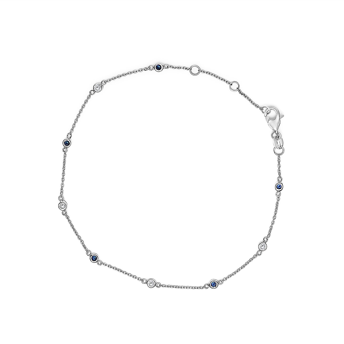 Pulsera de cadena con alternancia de zafiros azules y diamantes blancos engastados en bisel de oro blanco de 14 quilates (color I-J, claridad SI2-I1) - 8 pulgadas