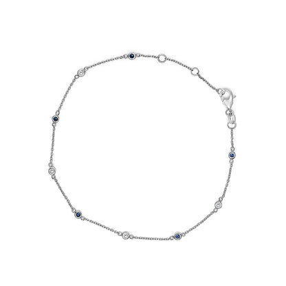 Pulsera de cadena con alternancia de zafiros azules y diamantes blancos engastados en bisel de oro blanco de 14 quilates (color I-J, claridad SI2-I1) - 8 pulgadas